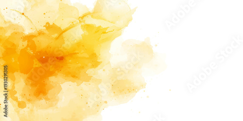 Bright yellow and orange paint splashes create a grunge watercolor texture with vintage paper patterns and soft fire flame art on a bright light backdrop