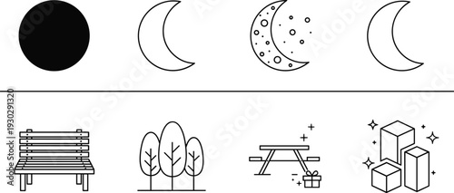 Minimal line icon set featuring moon phases, park bench, trees, picnic table and geometric shapes, simple outline illustrations for nature, ou