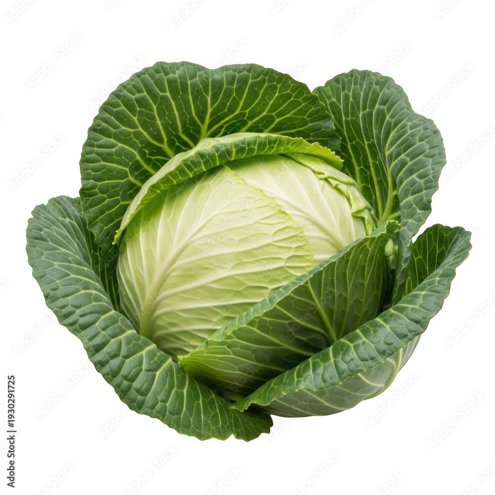 Obraz premium A vibrant green cabbage with tightly packed leaves and a fresh appearance isolated on transparent background