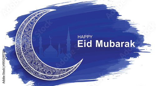 Eid mubarak greeting card with crescent moon and mosque silhouette on blue brush stroke background with white text