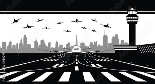 Modern airport runway scene with airplane landing, air traffic control tower, city skyline  multiple aircraft in sky, aviation travel transportation concept illustration