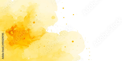 Dynamic yellow paint splashes and droplets burst across a clean white background to create a vibrant sense of liquid motion