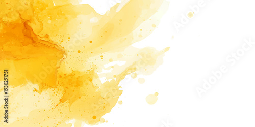 A vibrant orange juice and yellow paint splash creates a watercolor grunge texture with ink drips and golden autumn patterns on a vintage paper backdrop illustration