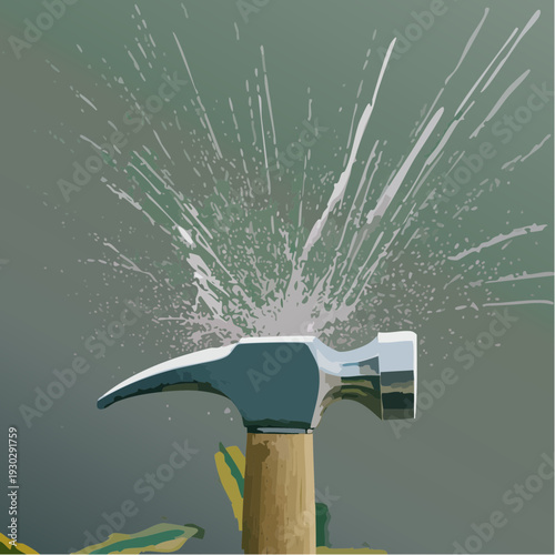 Hammer striking a surface with a powerful impact creating a dynamic splash.