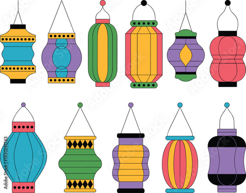 Colorful hanging lanterns vector set, decorative festival lights, flat design illustrations, various shapes and patterns, isolated on white background, collection