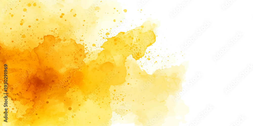 Fototapeta premium Yellow watercolor paint splashes and grunge ink splatters create a vibrant gold liquid texture pattern on a white paper backdrop for an artistic design illustration