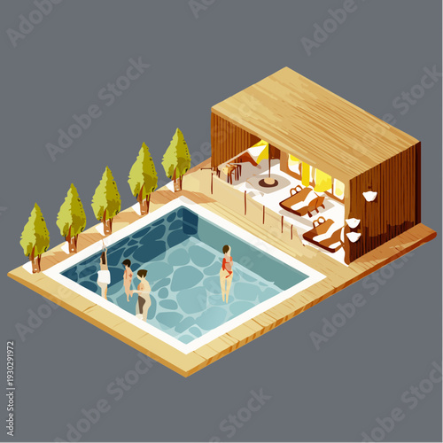 Isometric view of a modern outdoor swimming pool with people and a lounge area.