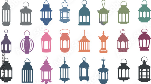 Colorful lantern silhouettes collection, decorative vintage lamps set, ornamental lighting icons, traditional cage lanterns, various styles, flat design, vector illustrations