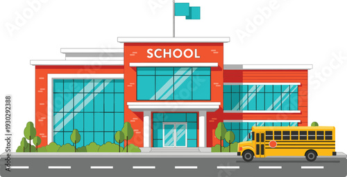 Modern school building exterior with yellow school bus parked outside, educational institution campus scene with trees, road, glass windows, and contemporary archit