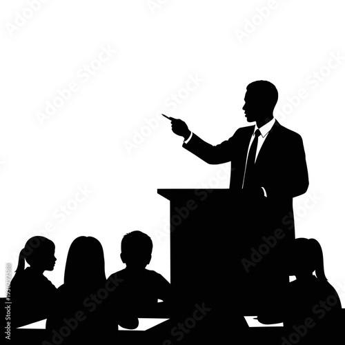 Confident businessman presenting to engaged audience in professional setting