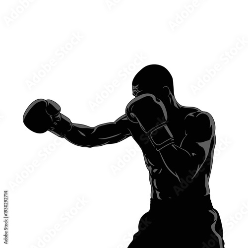 Boxer in dynamic fighting stance with raised fists