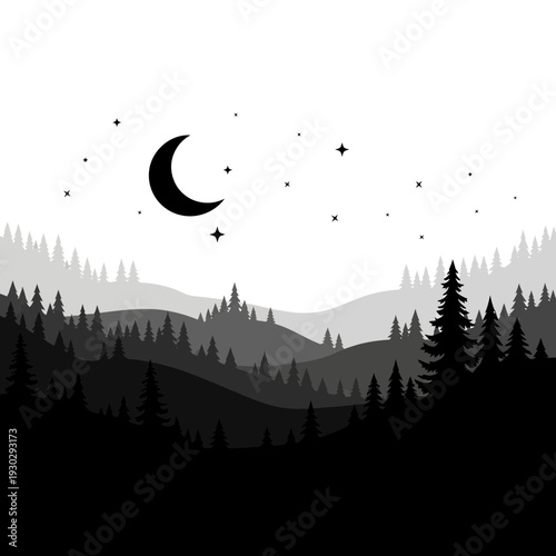 Serene nighttime forest landscape with crescent moon and stars