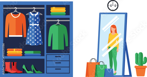 Modern wardrobe closet with organized clothes, mirror reflection of woman, shopping bags, shoes, and folded garments illustrating fashion lifestyle, dressing room, and home storage concept