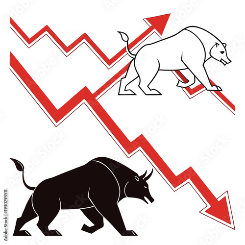 Black silhouette illustration of a bear and bull facing each other like a business graph symbol in a wild nature style vector drawing