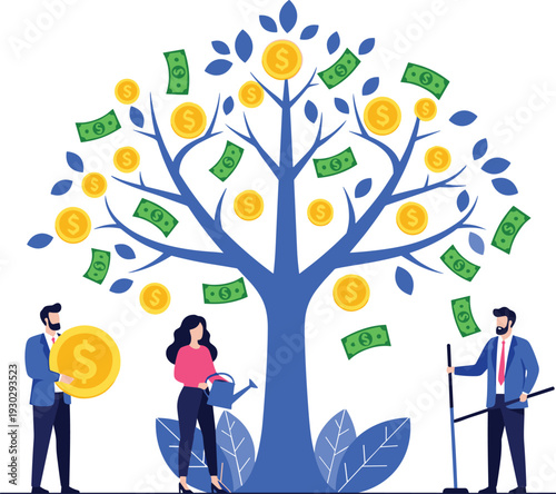 Money tree with coins and cash illustration, business people growing financial wealth, investment success concept, passive income strategy, economic growth vector isolated background