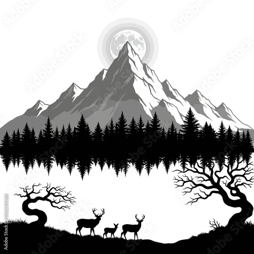 Majestic mountain landscape with deer and trees under moonlight