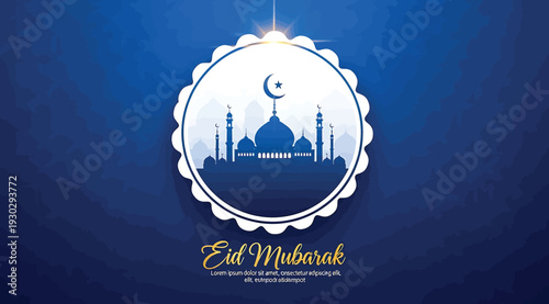 Eid mubarak greeting card with mosque silhouette on blue background with crescent moon and decorative border