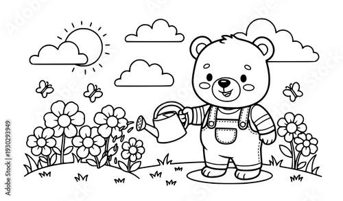 Cute bear watering flowers coloring page for kids printable vector
