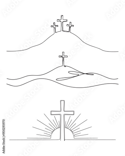 Christian Cross on Hill Continuous Line Art Easter Resurrection Religious Vector Illustration Set