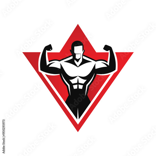 Strong bodybuilder silhouette posing inside red triangle frame emblem graphics.