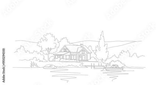 Lakeside house with boat dock and motorboat, serene landscape sketch