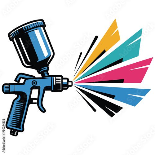 Vibrant spray gun with colorful paint splatter - flat design vector