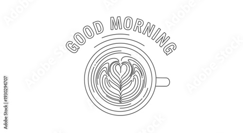 Good Morning Coffee Cup with Latte Art Heart Shape and Steam - Minimalist Line Drawing