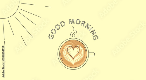 Good Morning Coffee Heart Latte Art Sunrise Yellow Background