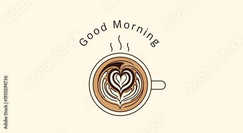 Good Morning Coffee Heart Latte Art Steam Cup Top View Minimalist Beige Background
