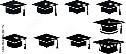 Collection of black and white graduation cap icons