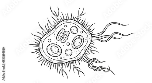 Hand-drawn illustration of a bacterium with flagella and cilia, scientific concept