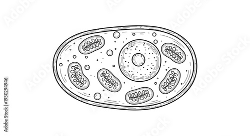 Hand-drawn illustration of a plant cell with nucleus, mitochondria, and chloroplasts
