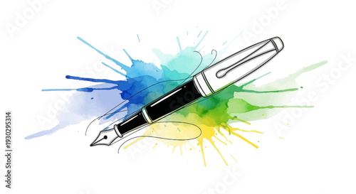 Fountain Pen with Colorful Watercolor Splashes - Artistic Writing and Creativity Concept