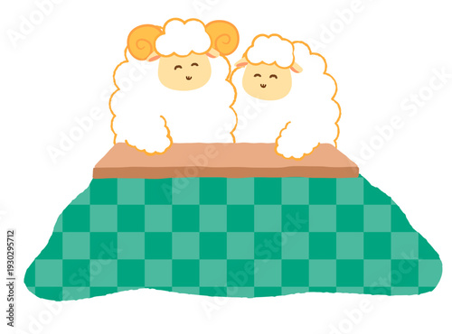 仲良く炬燵（こたつ）で寛ぐひつじのペアイラスト。冬の暖かい室内風景と干支の動物。ポップ・手書き風。