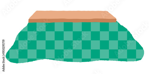 緑の市松模様の可愛いこたつイラスト。手書き風でポップな冬の家具素材。ベクター・白背景。