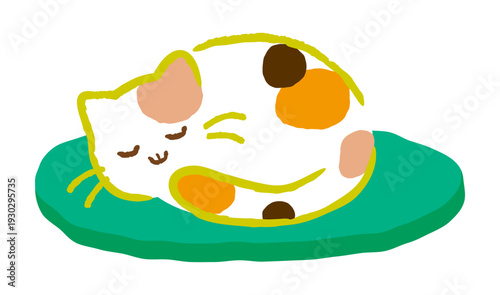 座布団の上で丸くなって眠る可愛い三毛猫。癒やしの猫キャラクターと緑色のクッション。ベクター素材。