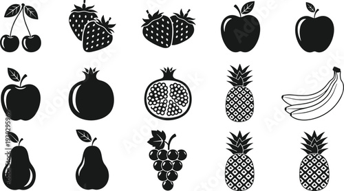 Black and white fruit icons collection, vector silhouette set of apple strawberry pineapple banana cherry grape pomegranate pear illustration