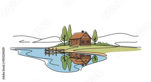 Cozy Log Cabin on Island with Dock and Lake Reflection, Serene Nature Landscape