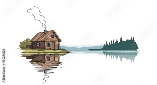 Cozy Log Cabin on Lake Shore with Forest Reflection