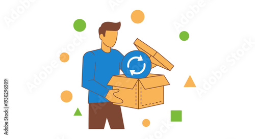 Man holding cardboard box with recycling.