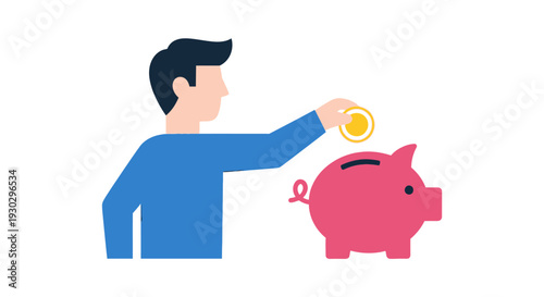 Man putting coin into pink piggy bank.