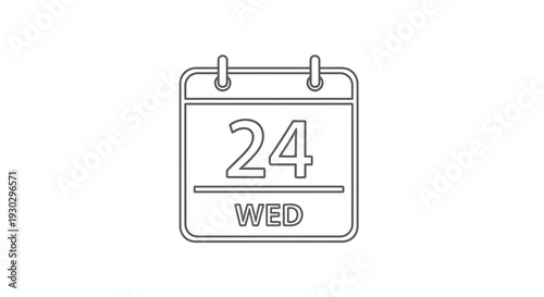 Calendar Icon with Number 24 and Day Wednesday, Simple Line Art