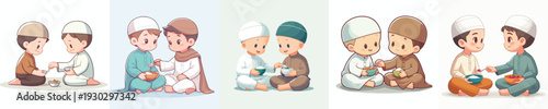 vector of two little Muslim boy sharing food