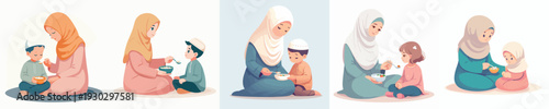 vector Muslim mother and child breaking the fast together