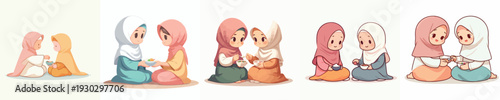 vector of two little Muslim girl sharing food
