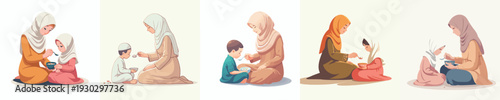 vector Muslim mother and child breaking the fast together
