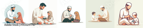 vector Muslim father and child breaking the fast together