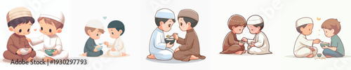 vector of two little Muslim boy sharing food