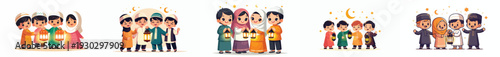 vector of little muslim friends holding ramadan lanterns