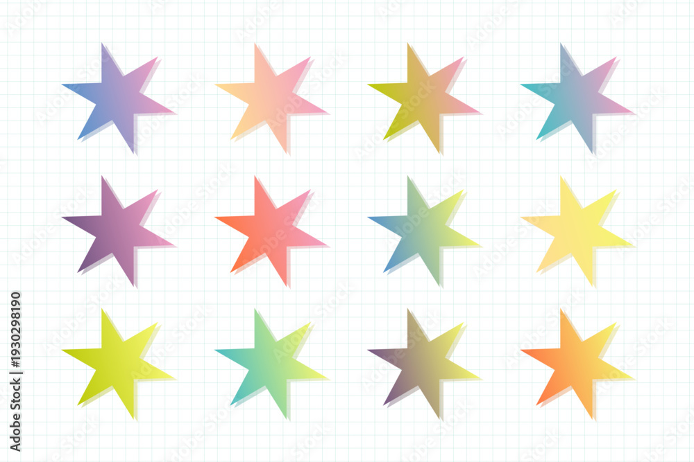 Obraz premium パステルカラーのグラデーションがかかった多角形の星型アイコンセット、グリッド背景に並ぶモダンなベクターイラスト、装飾用グラフィックパーツとドロップシャドウの背景素材